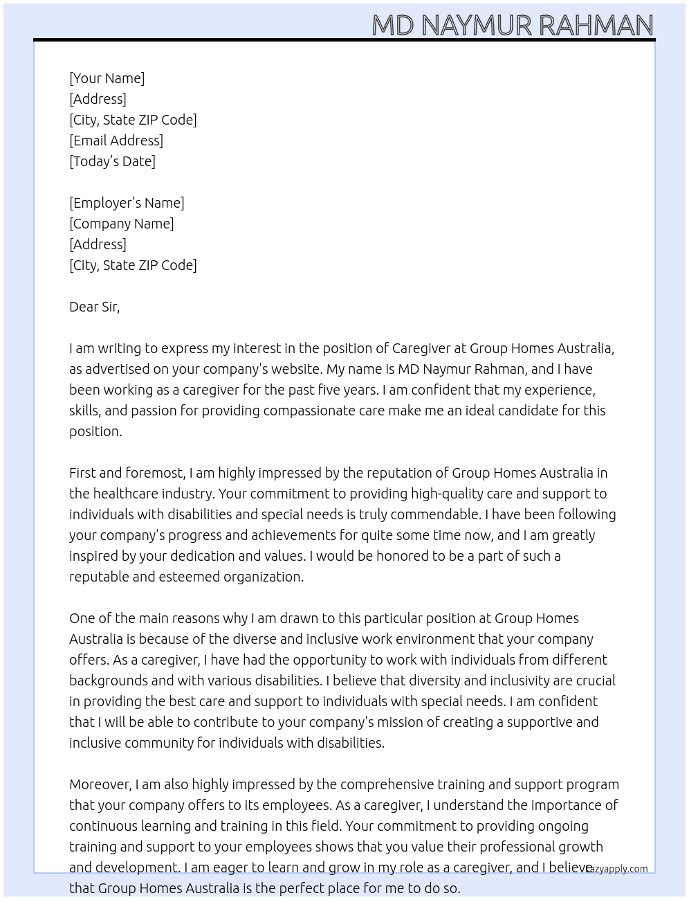 Careg At Group Homes Australia Cover Letter