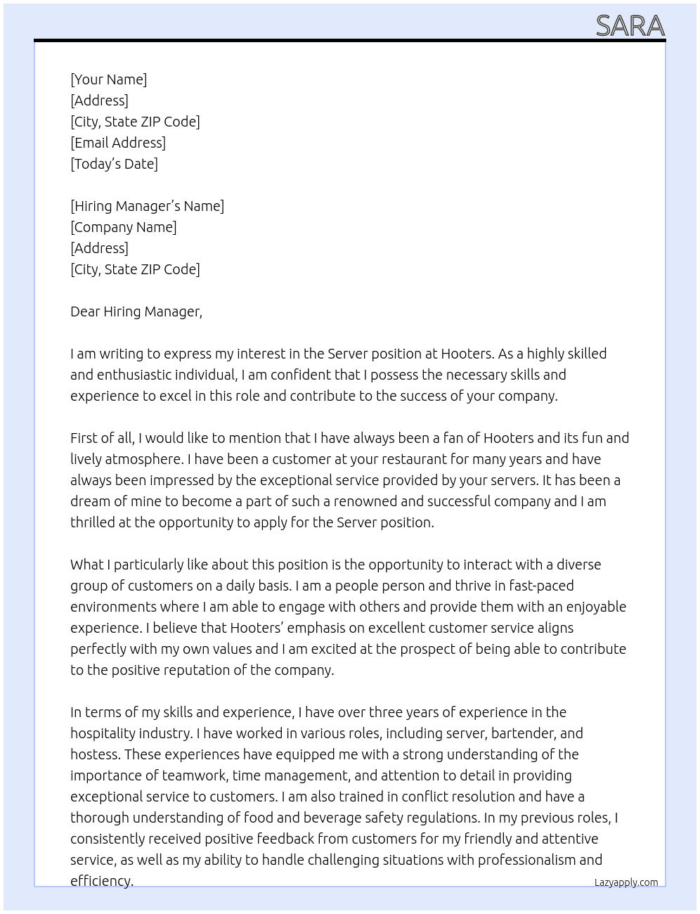 server At hooters Cover Letter