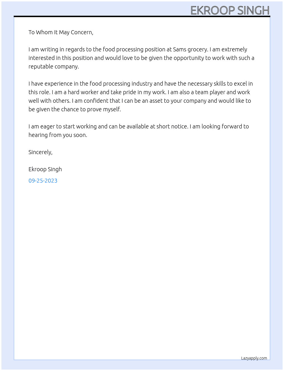 Food processing  At Sams grocery Cover Letter