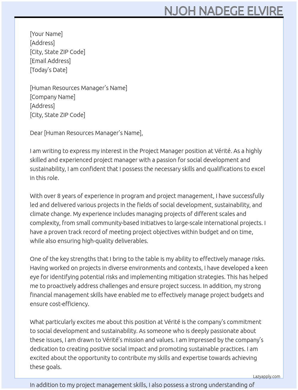 Project Manager At Vérité  Cover Letter