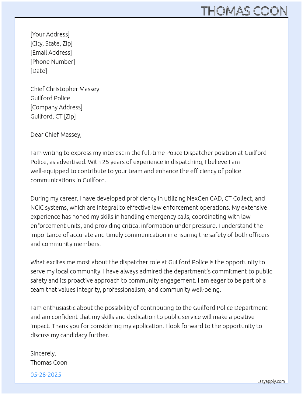 Police Dispatcher At Guilford Police Cover Letter