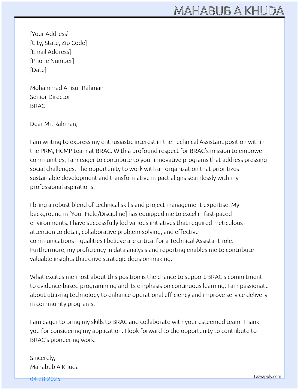 Technical Assistant, PRM, HCMP  At BRAC Cover Letter