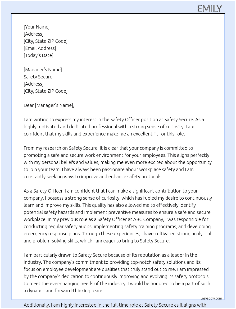 Safety Officer  At Safety Secure  Cover Letter