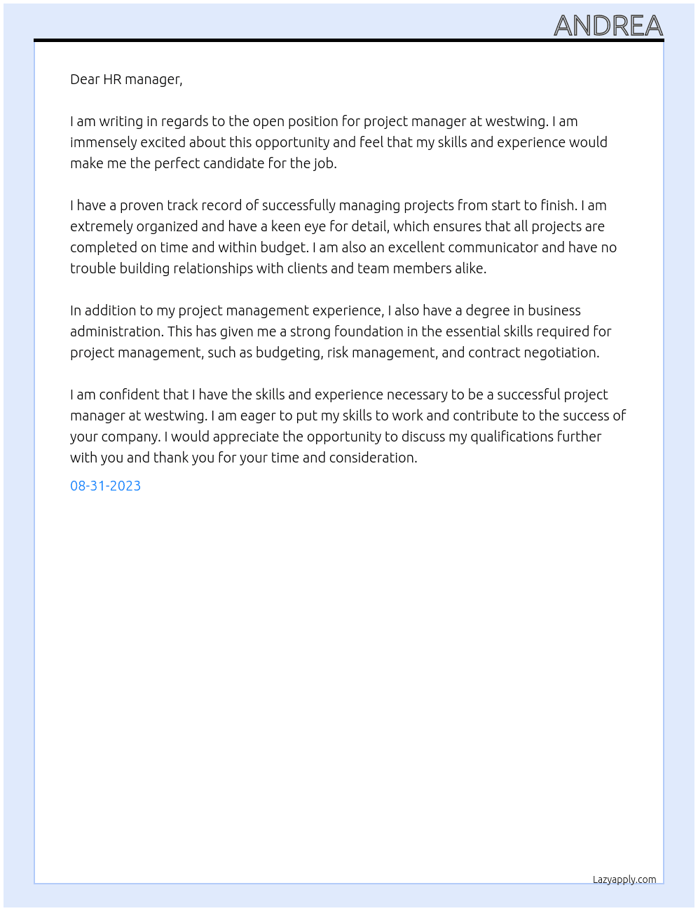 project manager At westwing Cover Letter