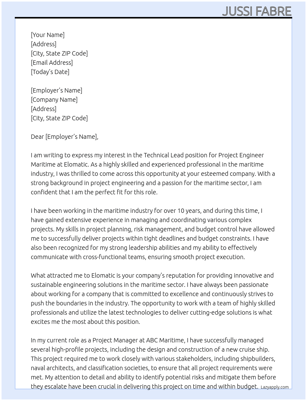 project engineer maritime At Elomatic Cover Letter