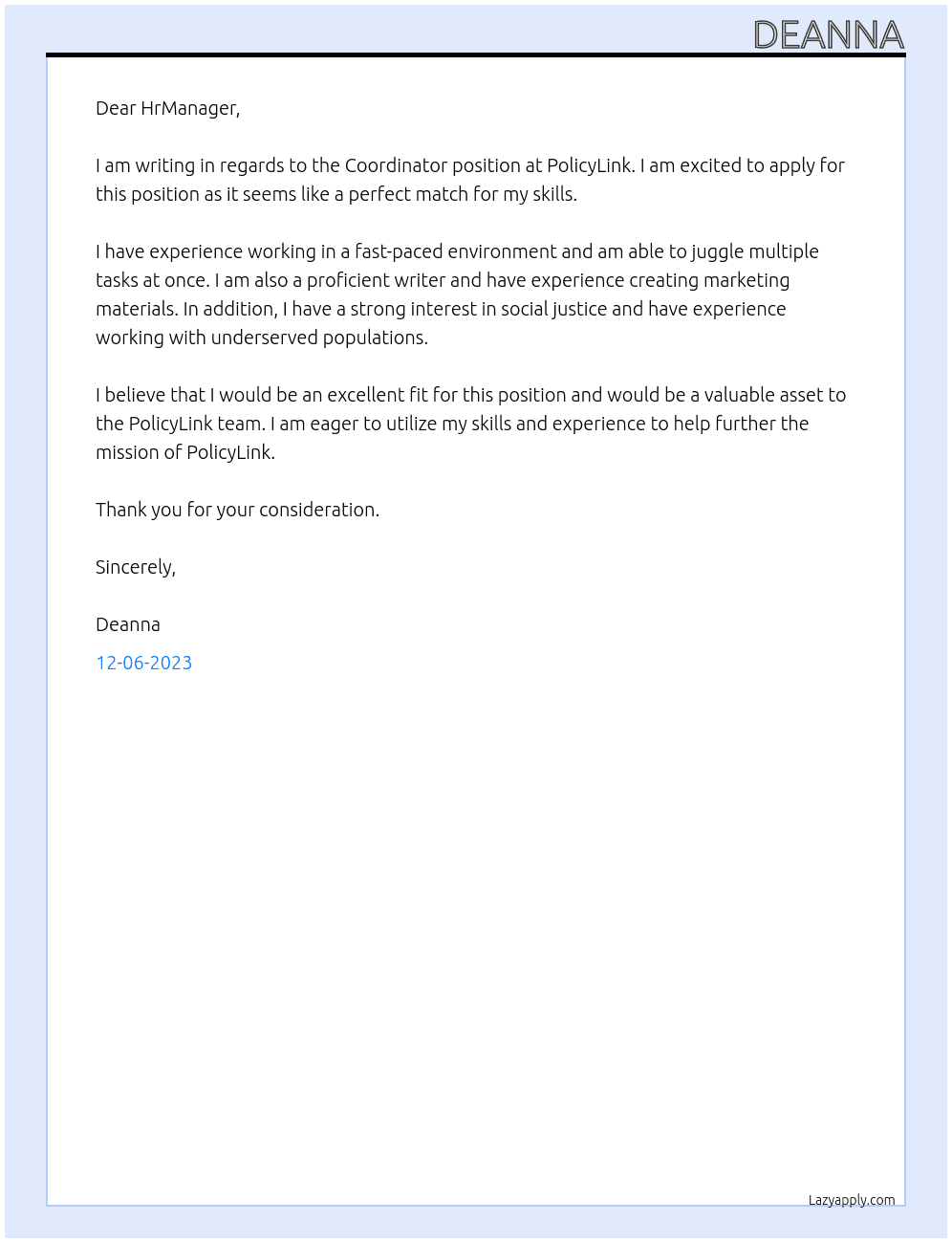 Coordinator At PolicyLink Cover Letter