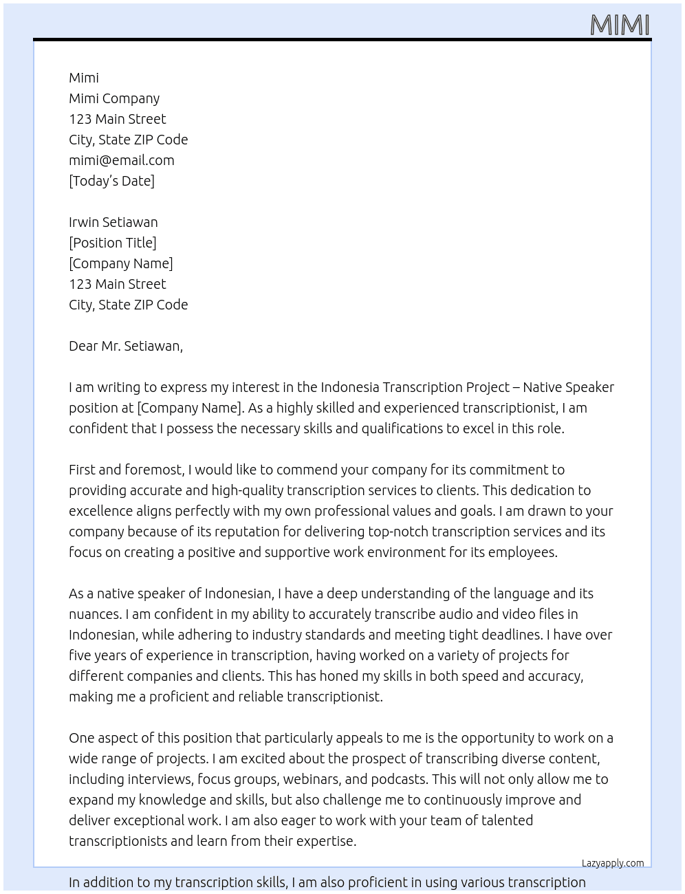 Indonesia Transcription Project - Native Speaker At Mimi Cover Letter