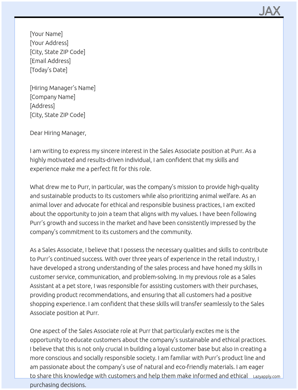 Sales Associate  At Purr Cover Letter