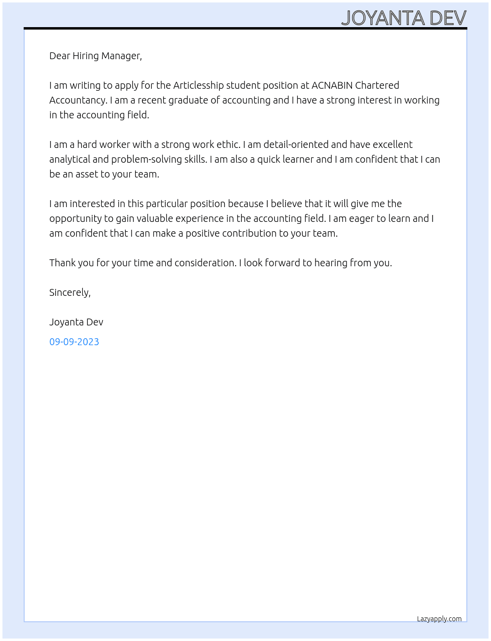 Articlesship student At ACNABIN Chartered Accountancy Cover Letter