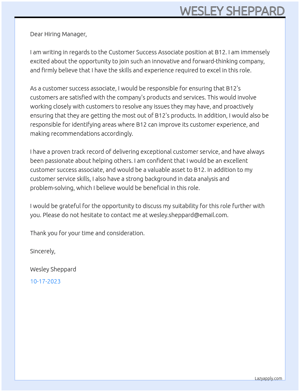  Customer Success Associate  At B12 Cover Letter