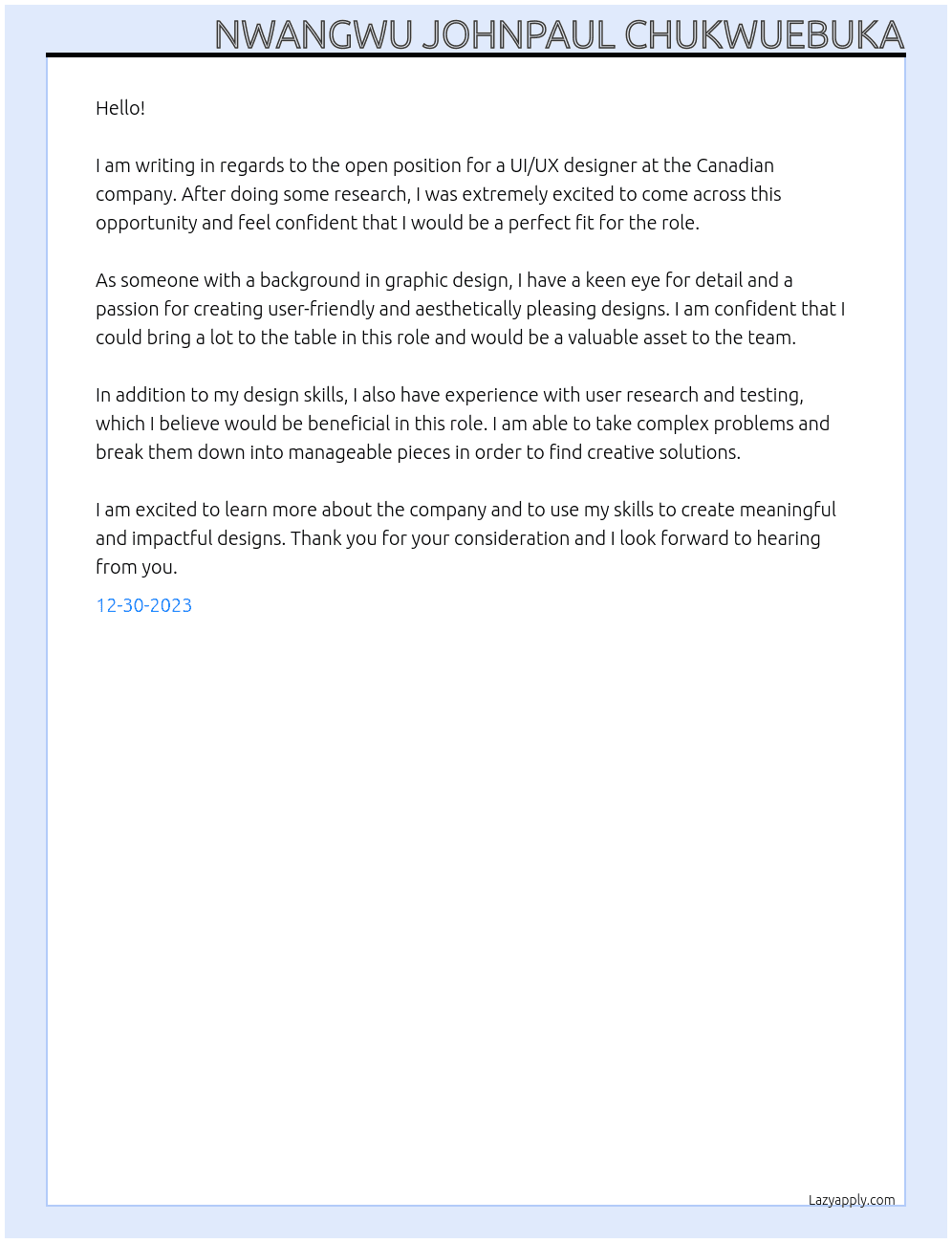 ui/ux designer At Canadian company Cover Letter