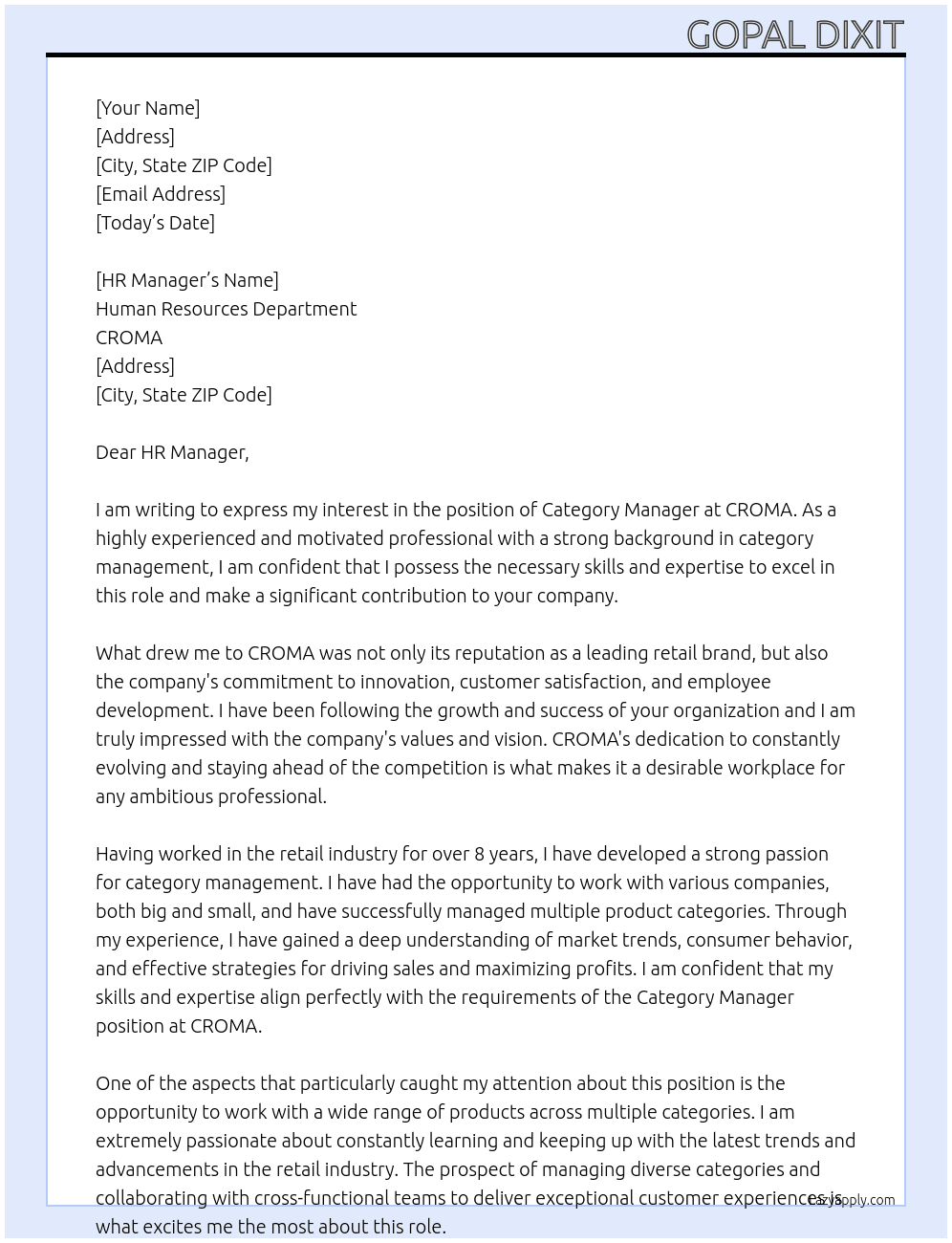 Category Manager At CROMA Cover Letter
