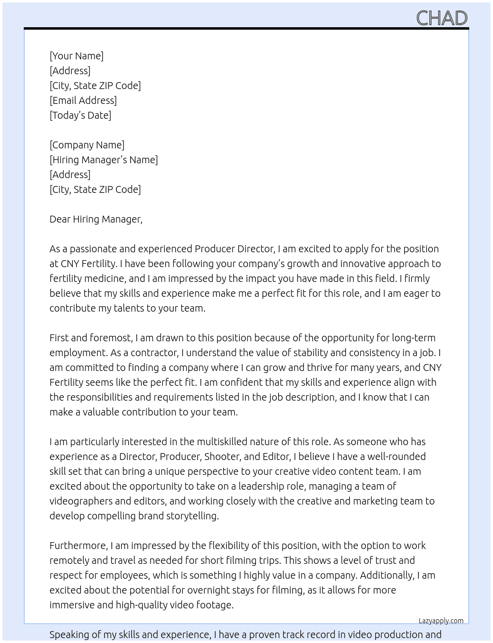 Producer Director At CNY Fertility Cover Letter