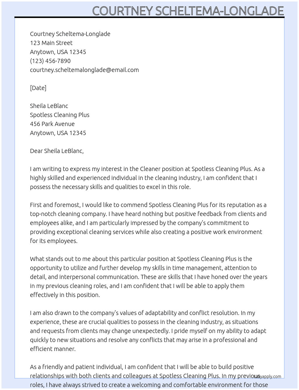 Cleaner At Spotless Cleaning Plus Cover Letter