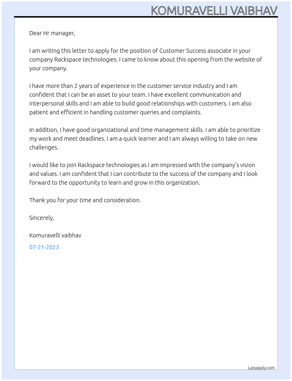 Customer success associate  At Rackspace technologies  Cover Letter