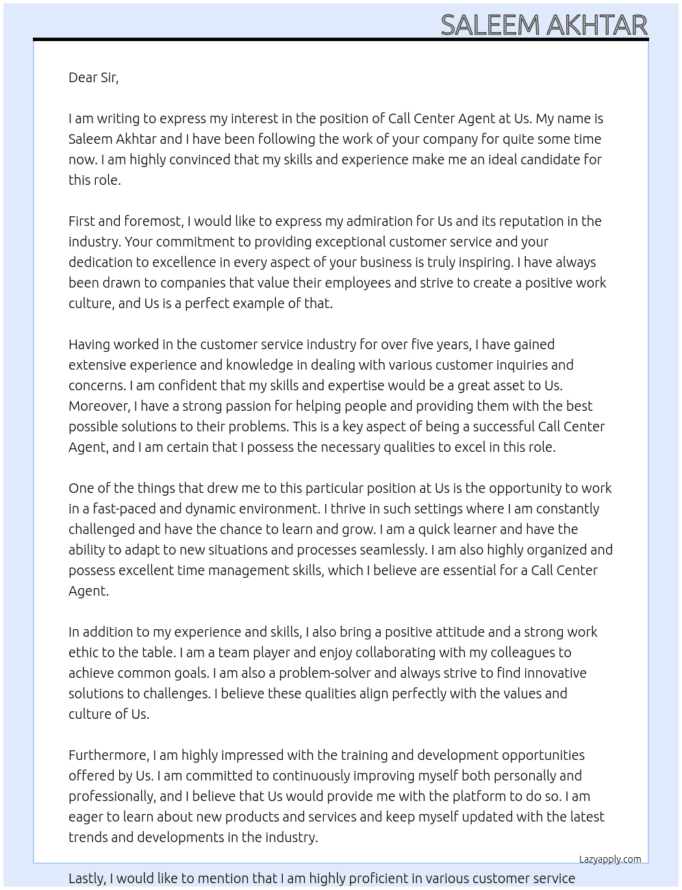 Call Center Agent At Us Cover Letter