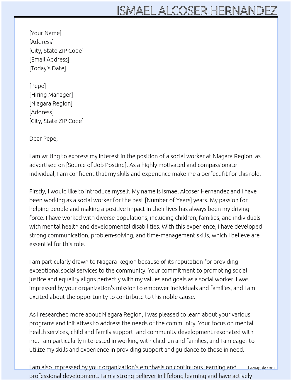 social worker At niagara region Cover Letter