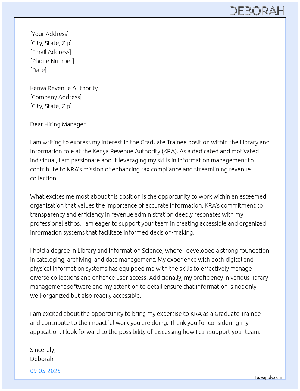 GRADUATE TRAINEE At KRA Cover Letter