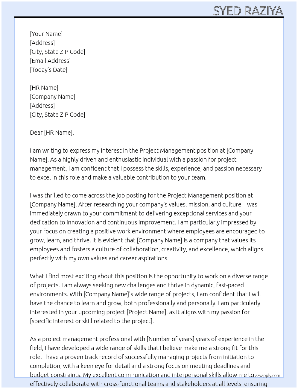 Project Management  At NA Cover Letter