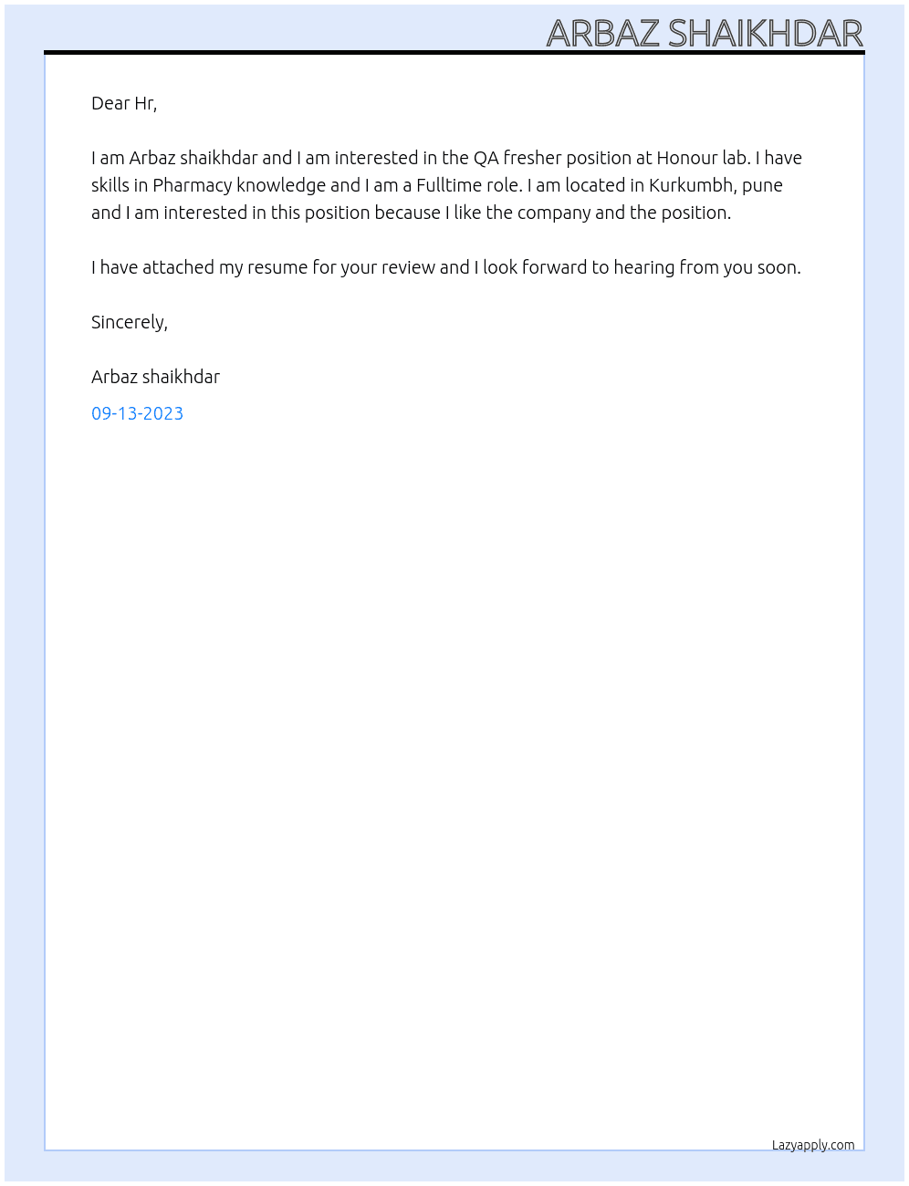 QA fresher  At Honour lab Cover Letter