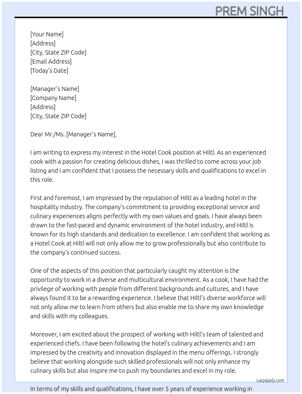 Hotel cook At Hiltl Cover Letter