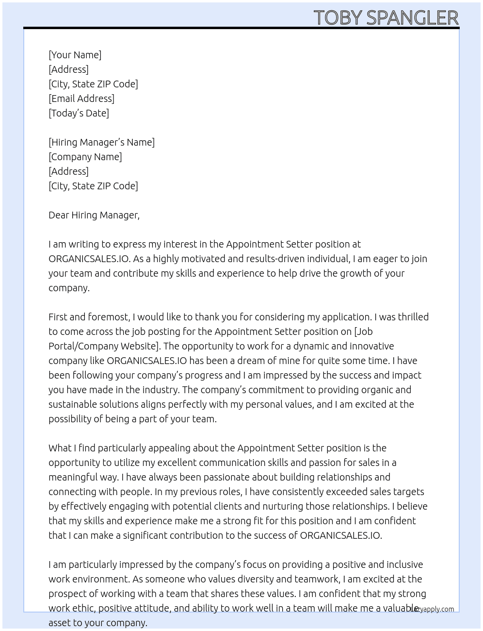 Appointment Setter At ORGANICSALES.IO Cover Letter