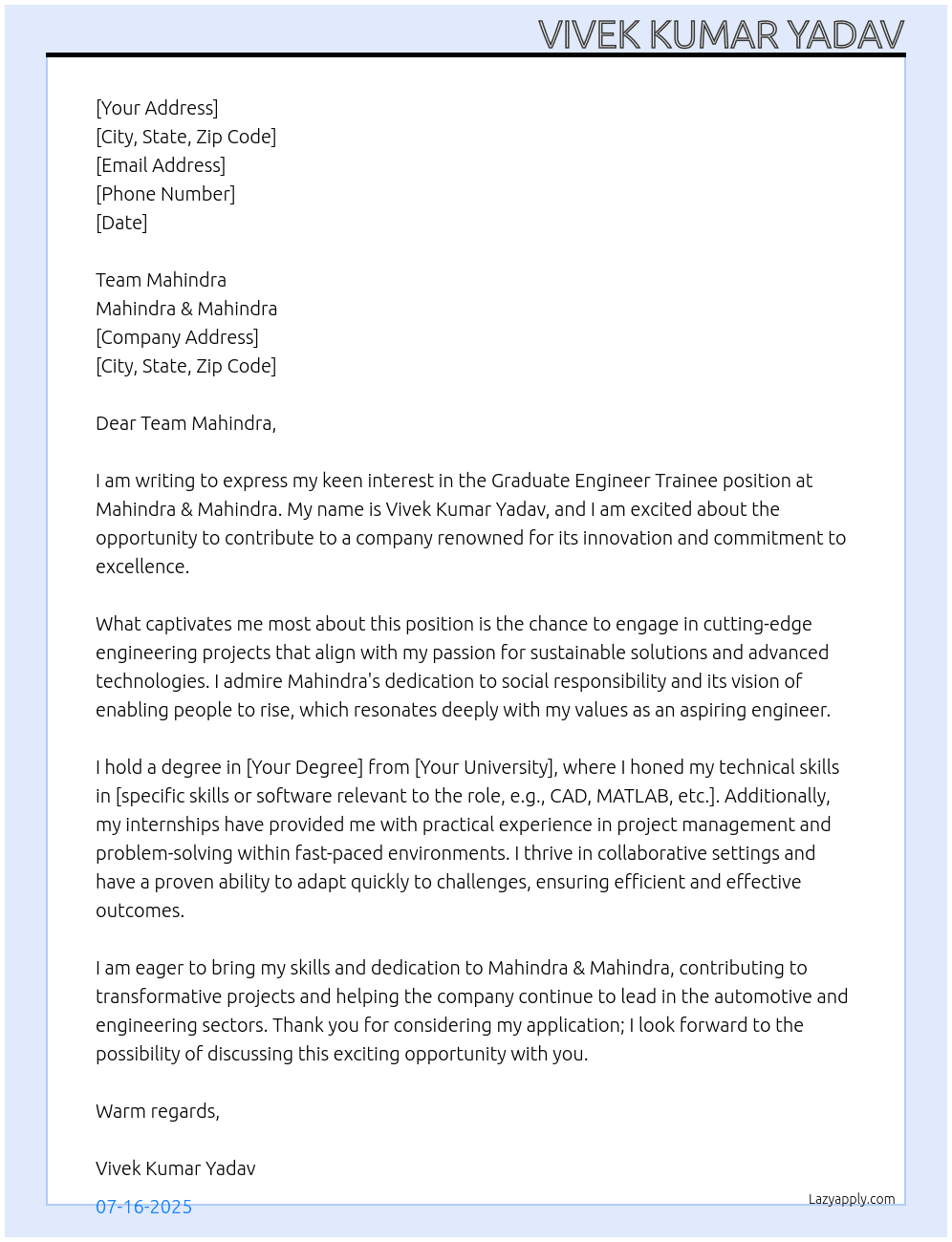 Graduate Engngineer Trainee At Mahindra & Mahindra Cover Letter