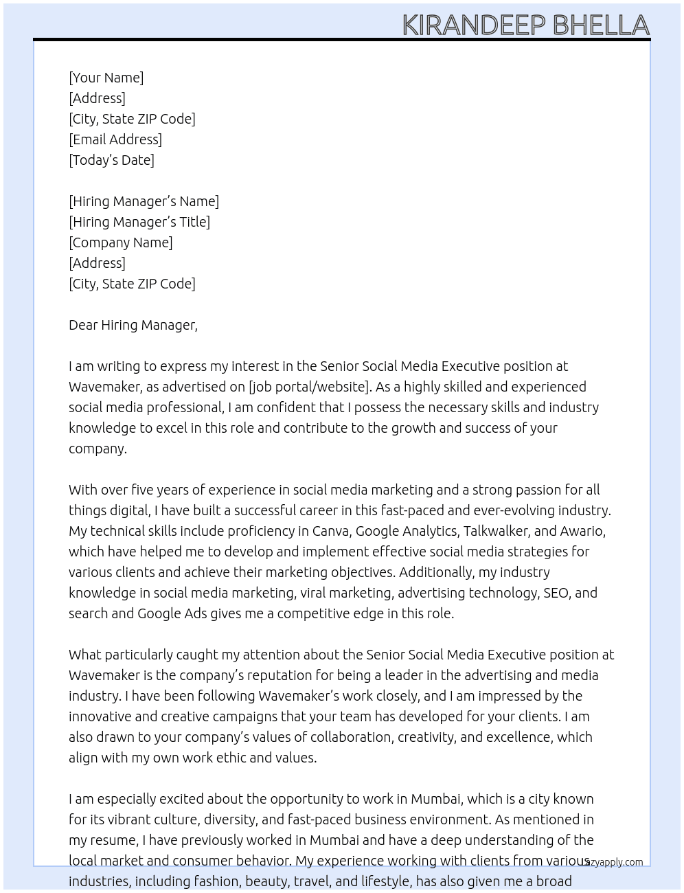 Senior Social Media Executive At Wavemaker Cover Letter