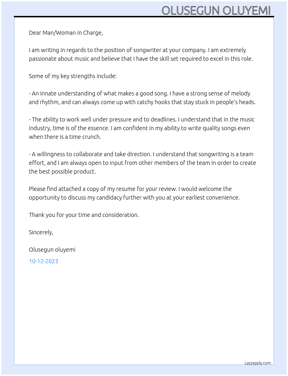Song writer  At Record labels, music artist and relevant creatives Cover Letter