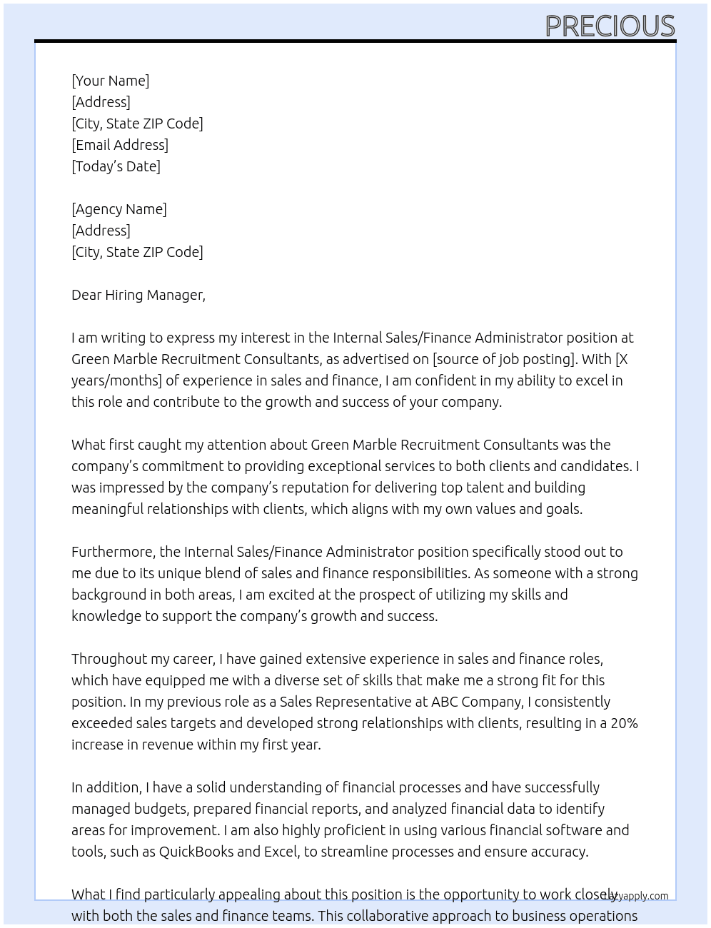 Internal Sales/Finance Administrator At Green Marble Recruit,ment Consultants Cover Letter