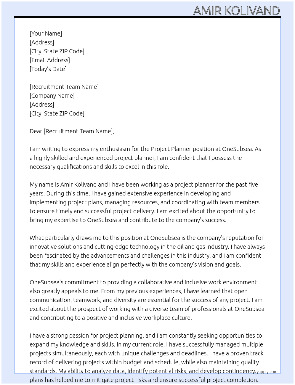 project planner At OneSubsea Cover Letter