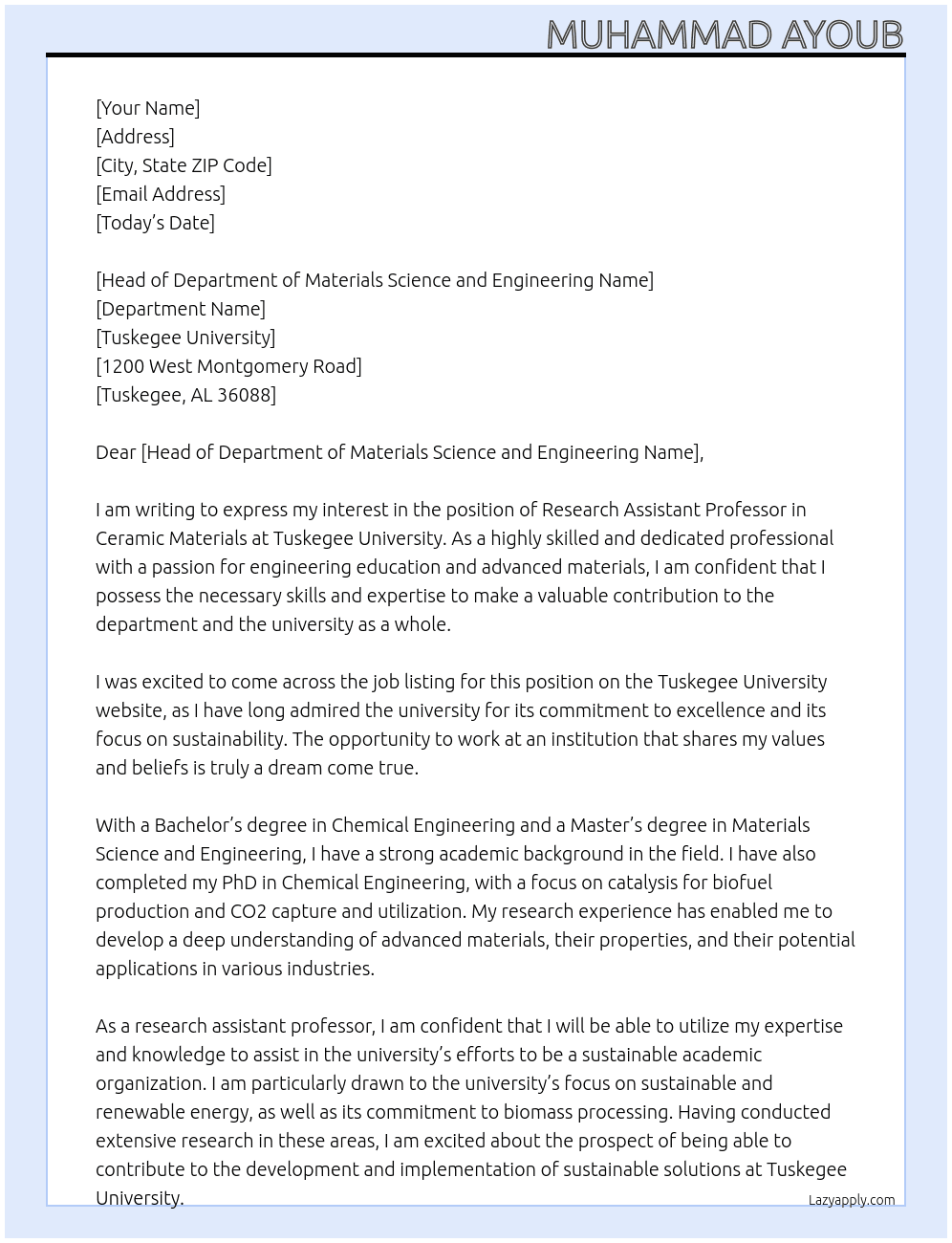 Research Assistant Professor, Ceramic Materials At Tuskegee University Cover Letter