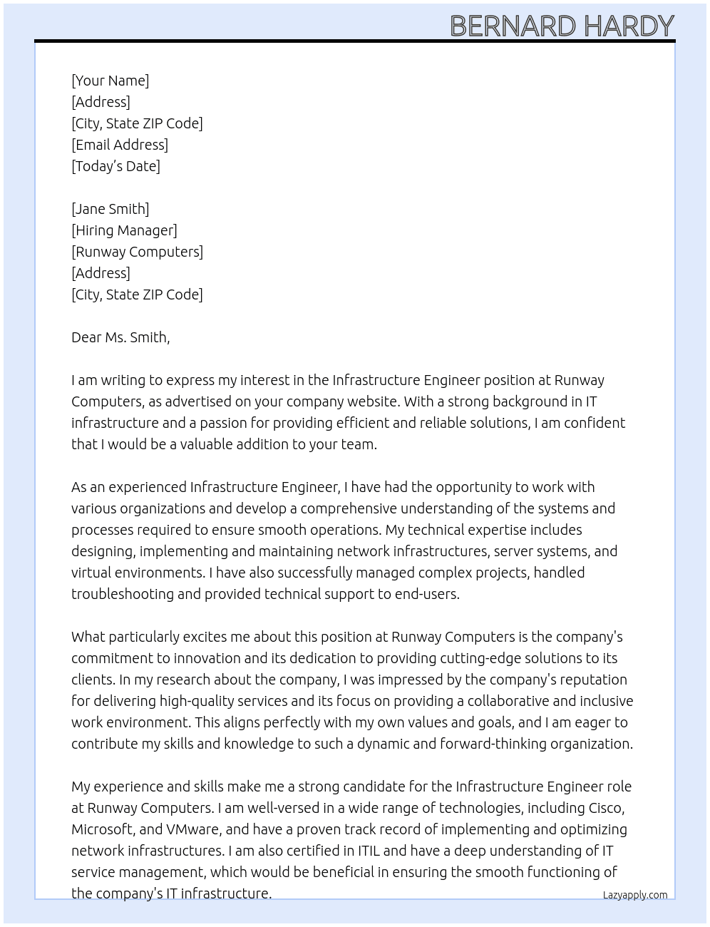 Infrastructure Engineer At Runway Computers Cover Letter
