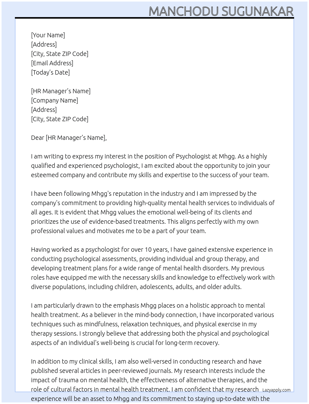 Psychologist At Mhgg Cover Letter