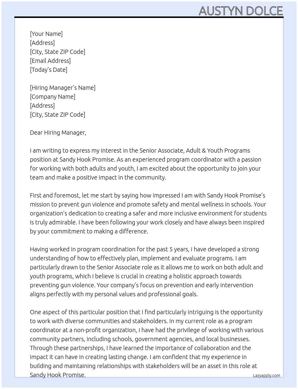 Senior Associate, Adult & Youth Programs At Sandy Hook Promise Cover Letter