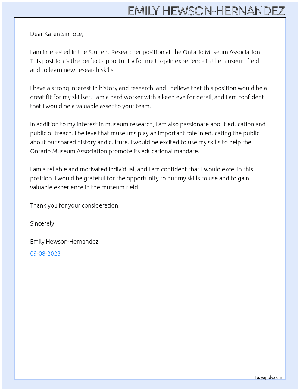 Student Researcher At Ontario Museum Association Cover Letter