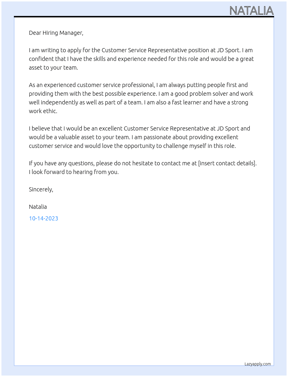 Customer Service Representative  At JD Sport Cover Letter