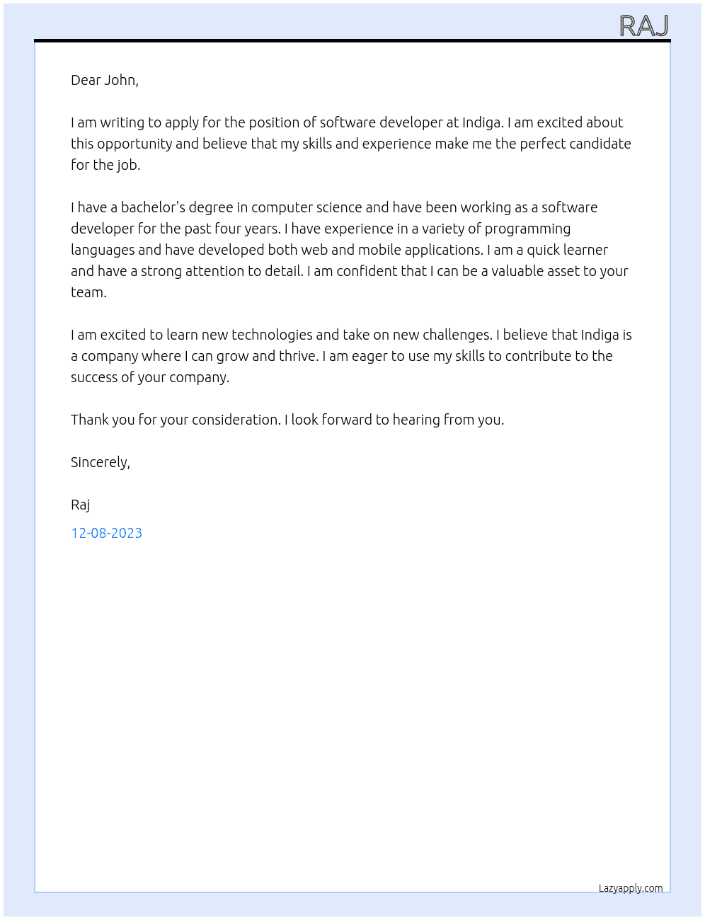 software developer At indiga Cover Letter