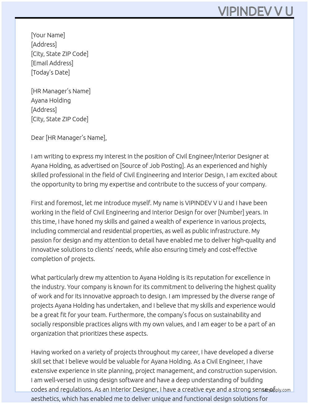 Civil Engineer/Interior Designer At Ayana Holding Cover Letter