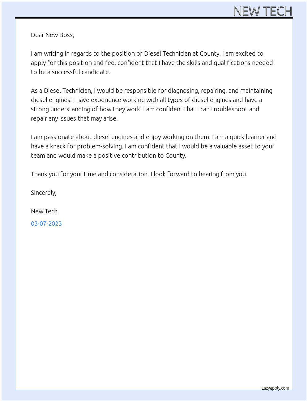 Diesel Technician At County Cover Letter