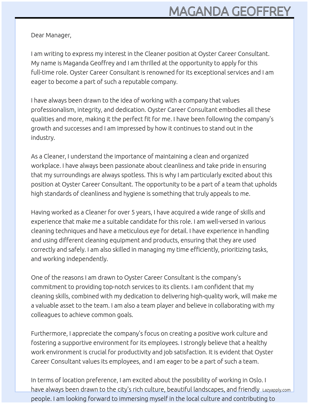 Cleaner At Oyster career consultant Cover Letter