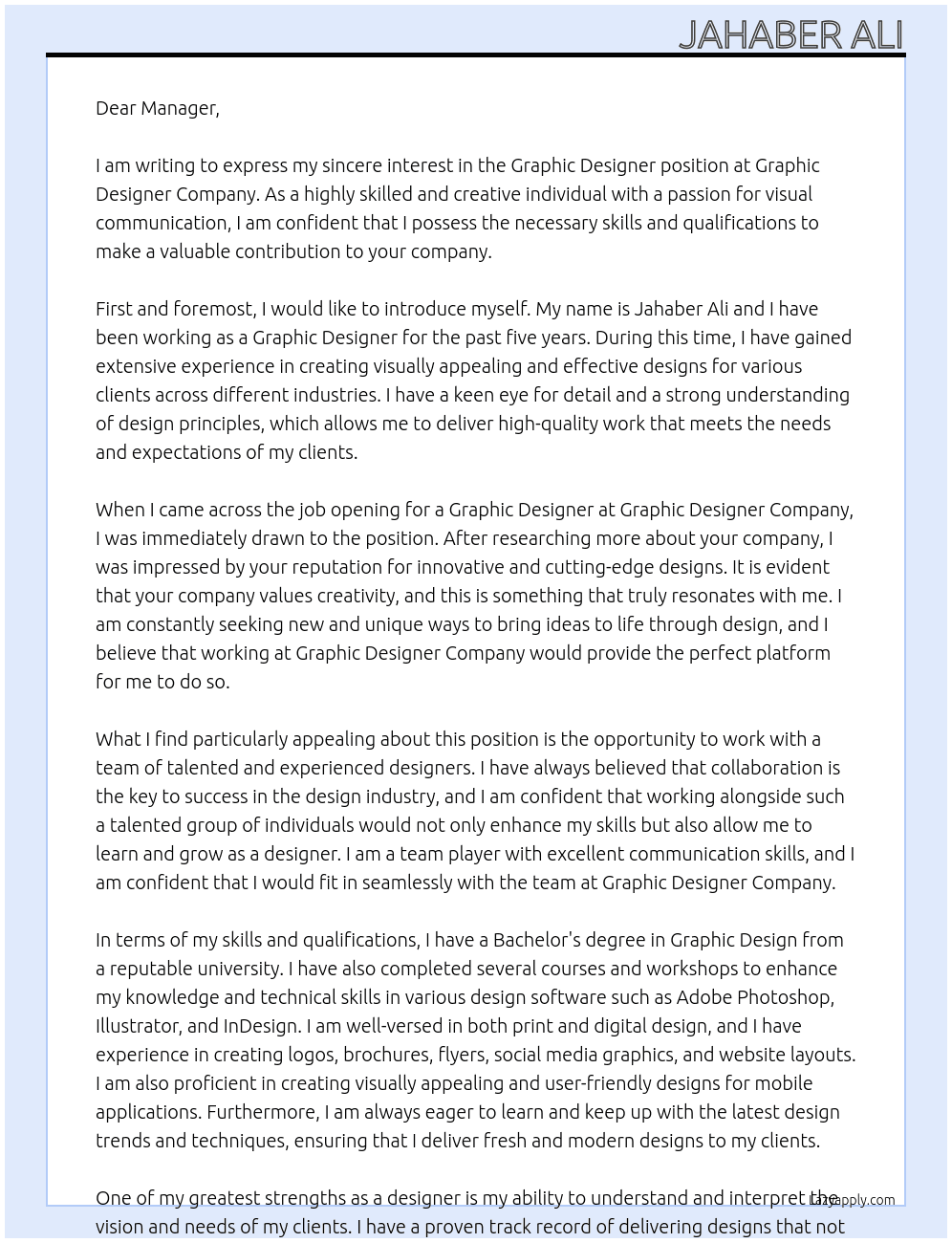 Graphic designer At Graphic designer company Cover Letter