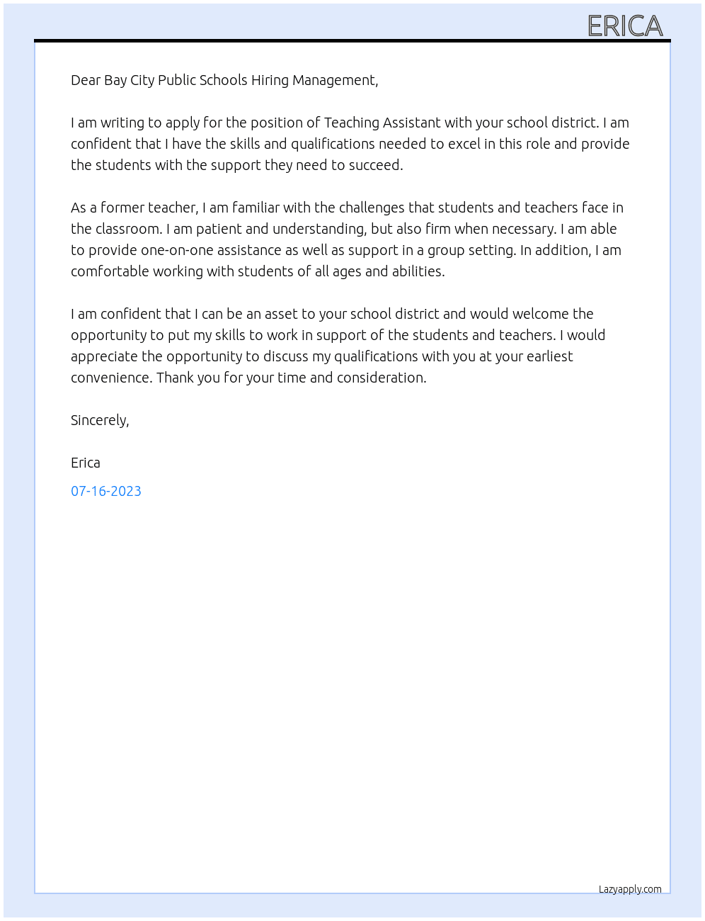Teaching Assistant  At Bay City Public Schools  Cover Letter
