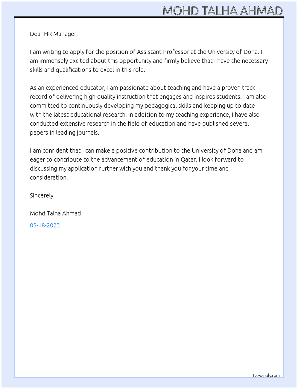 Assistant Professor  At University of Doha  Cover Letter