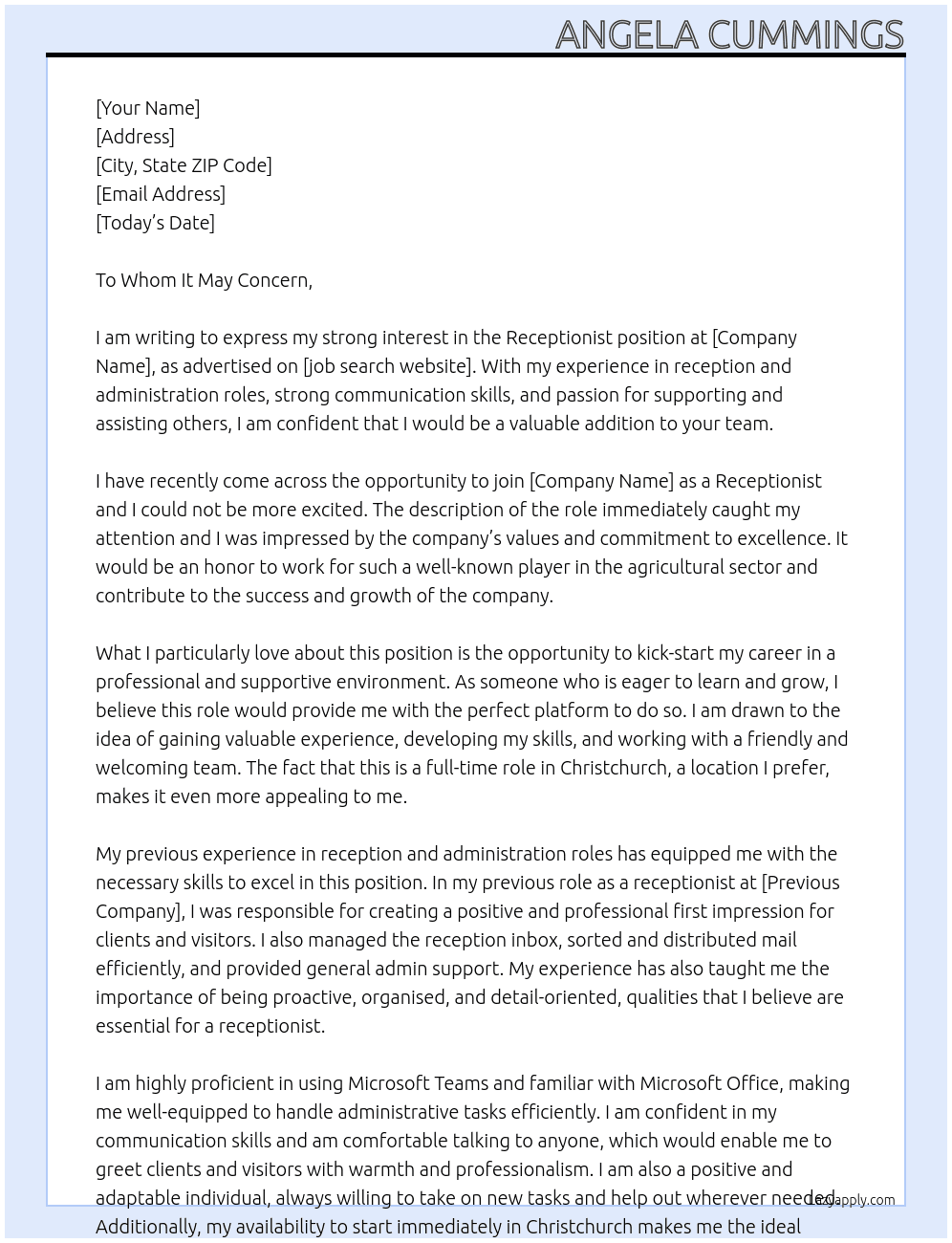 Receptionist At Profile Cover Letter