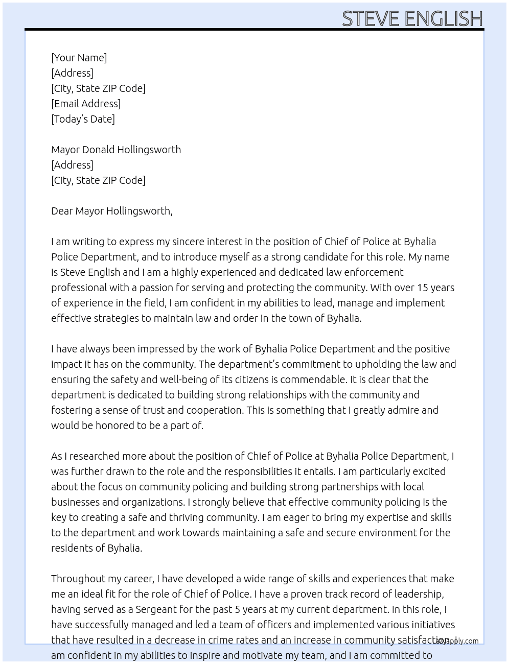 chief of police At Byhalia Police Department Cover Letter