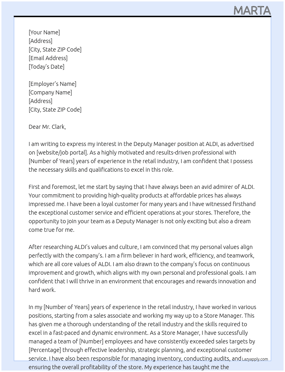 deputy manager At ALdi  Cover Letter