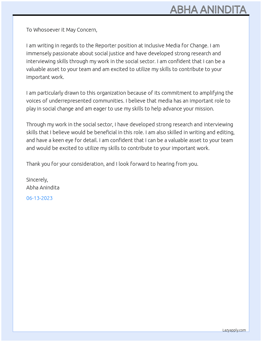 Reporter  At Inclusive Media for Change Cover Letter
