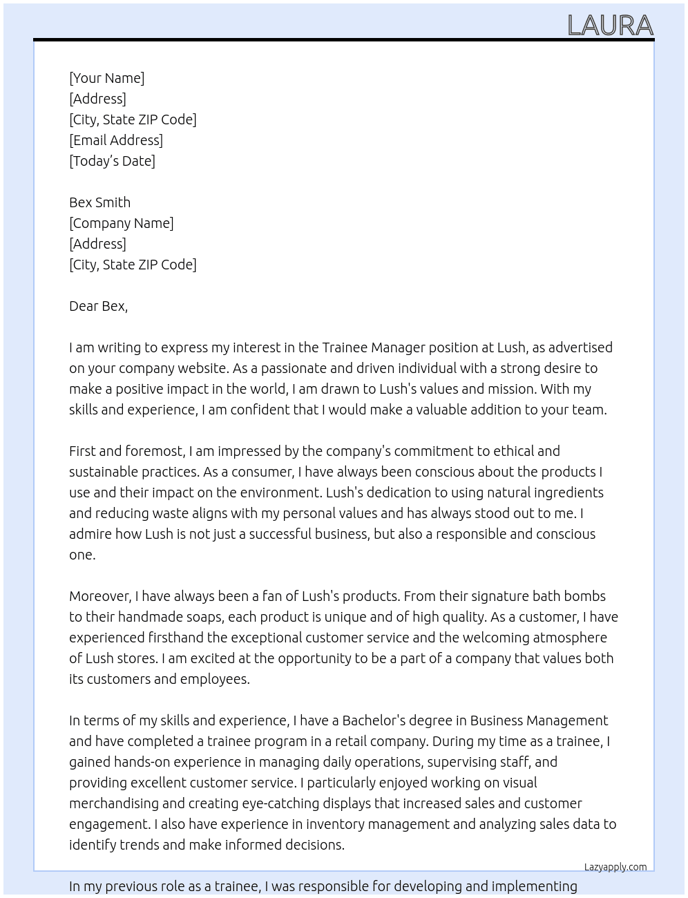 Trainee Manager At Lush Cover Letter