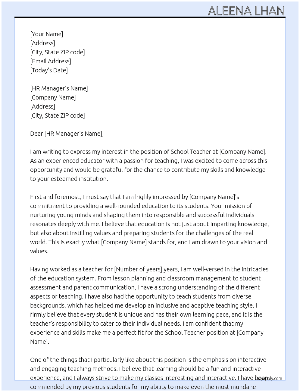 Cover letter for school teacher - LazyApply